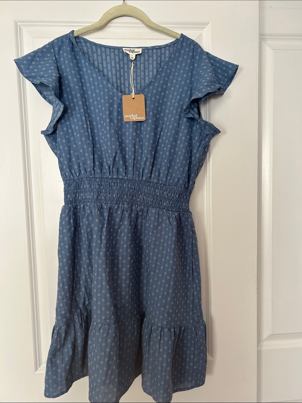 Market & Spruce Blue Smocked-Waist Flutter Sleeve Midi Dress